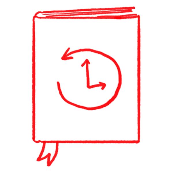 Red outlined book illustration.